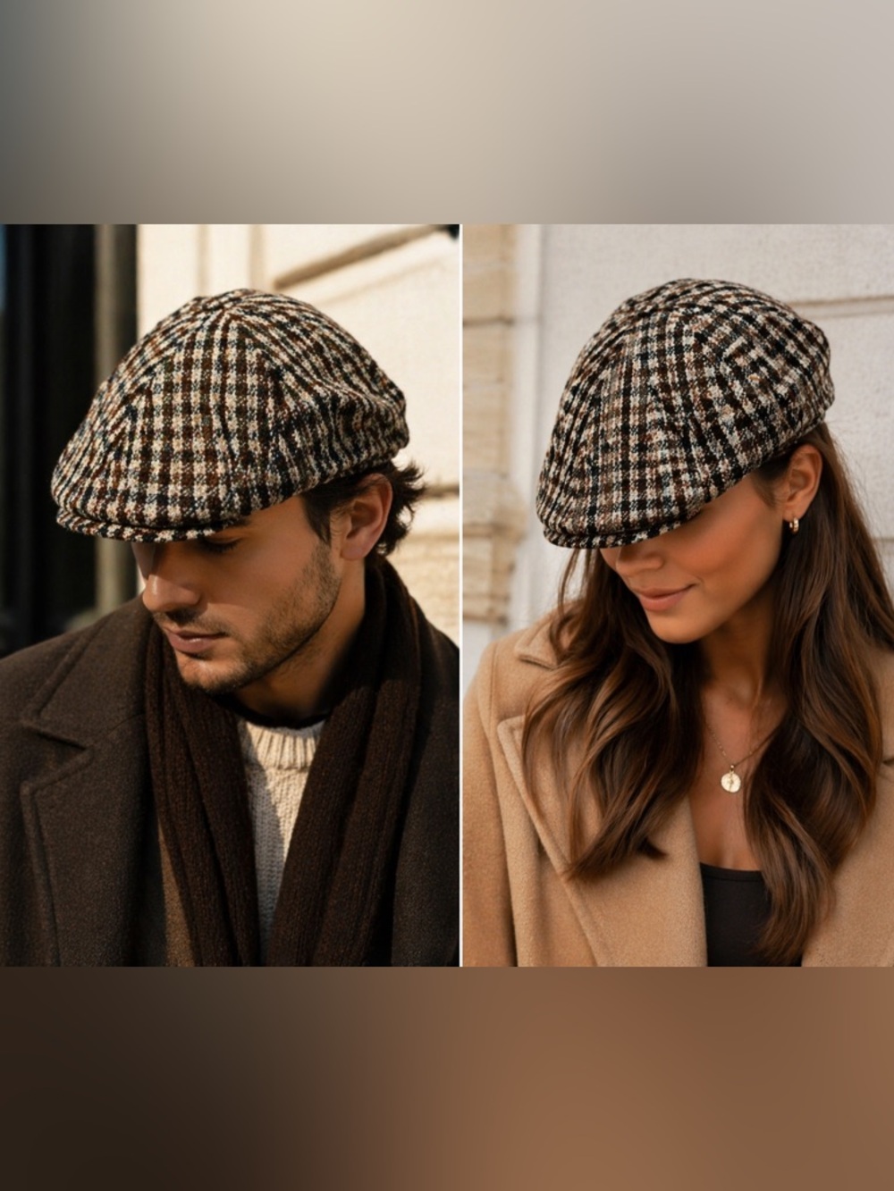 H&M Brown Check Wool Paperboy Hat Newsboy Cap Unisex Classic Tweed